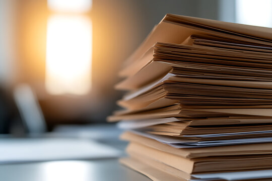 A stack of tan file folders overflowing with documents, symbolizing paperwork, organization, and information management in a warm, office-like setting.