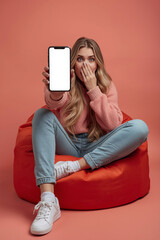 Woman in yellow jacket holding smartphone isolated on transparent background