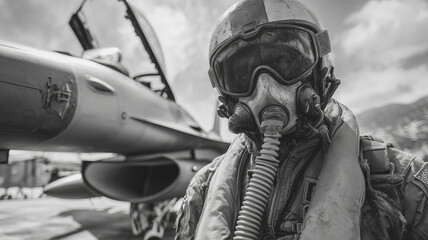 Fighter pilot stands ready in full gear by sleek aircraft under clear sky