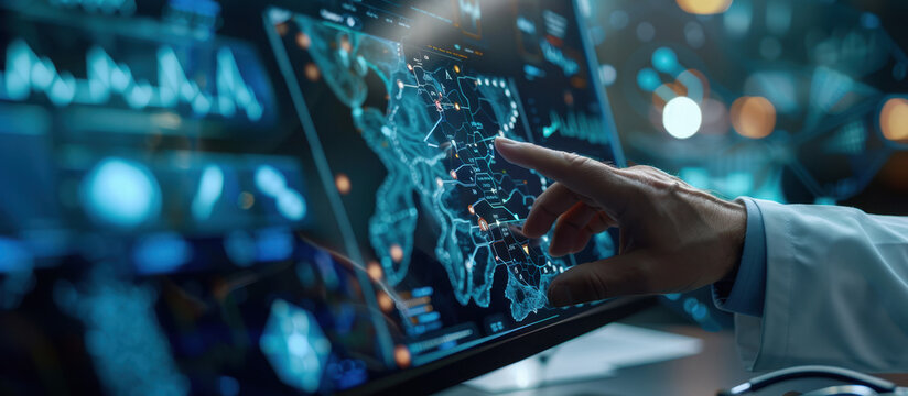 Futuristic Tech in Medical Research: A doctor uses a touchscreen interface to explore a complex, illuminated 3D model of biological structures, showcasing cutting-edge technology in medical analysis.
