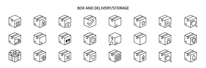 Set of black and white line icons for box and delivery themes