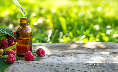 Raspberry leaf extract and supplements. Selective focus.