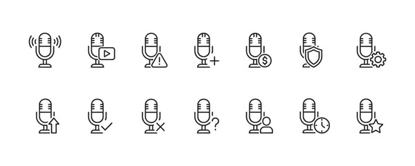 Set of linear microphone icons with various symbols for functions and statuses