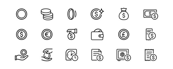 Set of black and white line icons for finance and currency