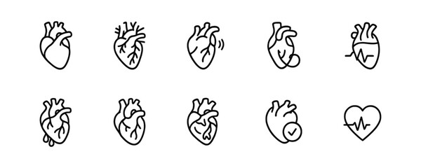 Set of ten black and white outlined medical heart icons