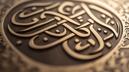 Intricate golden Arabic calligraphy artwork displayed on a textured dark brown surface. Ornate and elegant design. Artistic background with depth and detail.