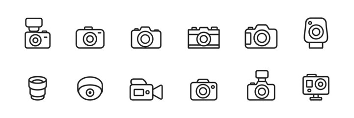 Set of black outline camera icons in minimalist style