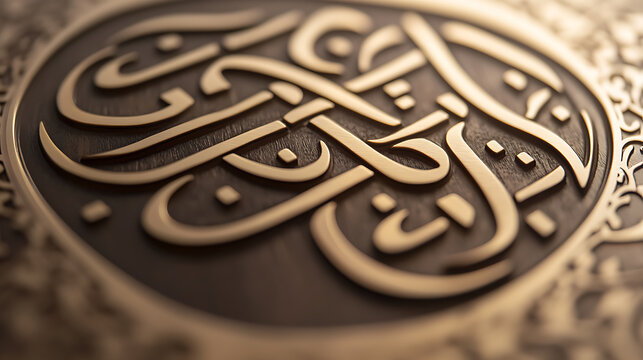 Intricate golden Arabic calligraphy artwork displayed on a textured dark brown surface. Ornate and elegant design. Artistic background with depth and detail.