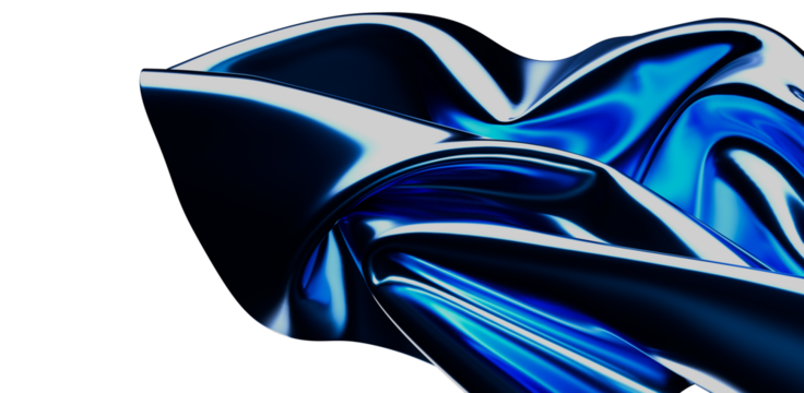 Modern abstract design with a glossy blue metallic surface against a white background. Ideal for graphic design, wallpapers, and backgrounds.