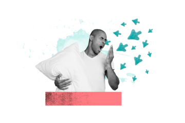 Composite photo collage of tired sleepy american guy hold pillow yawn ready sleep day off relax bed time isolated on painted background