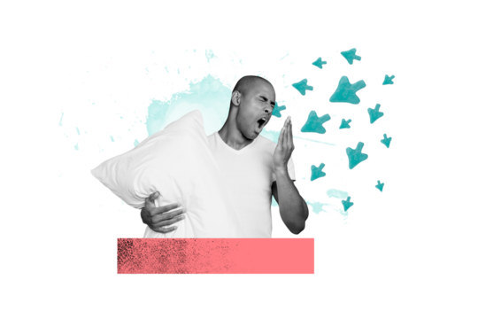 Composite photo collage of tired sleepy american guy hold pillow yawn ready sleep day off relax bed time isolated on painted background