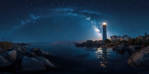 Night sky panoramic scene featuring lighthouse illuminated, Milky Way, and water reflection