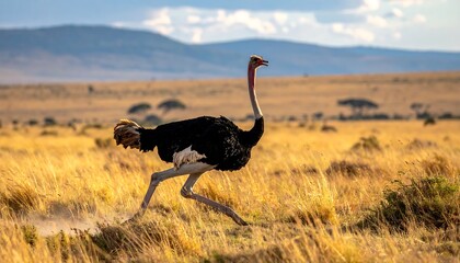 Fototapeta premium A single large bird strides across a grassy savanna, captured mid-run. The backdrop features distant hills and sparse trees, bathed in warm sunlight