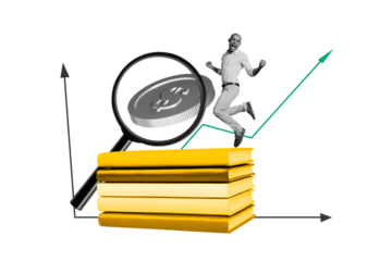 Creative collage young man achieve success jump progress improvement literature book glass enlarger tool explore market forex dollar coin