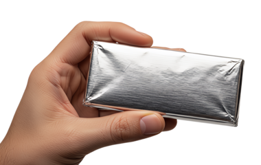 A hand holding a small, rectangular object wrapped in shiny, crinkled silver foil, isolated on a transparent background