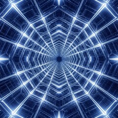 Fototapeta premium Abstract blue geometric tunnel with glowing lines receding into a dark void