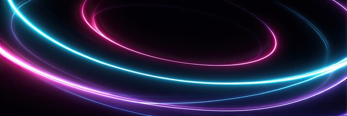 Abstract design of bright neon light trails curving through a dark void in various shades