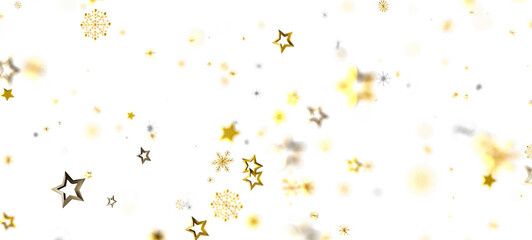 Abstract illustration of golden stars and snowflakes floating against a bright white background perfect for holiday and celebratory designs.