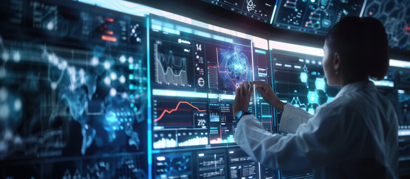 Data Analyst at Work: An analyst examines the complex data visualization on a futuristic digital interface, representing the cutting-edge of information technology.