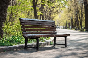 Fototapeta premium A wooden park bench in focus, on a sunny day, path and lush green trees in background
