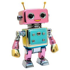 Fototapeta premium Cute colorful retro robot toy with shiny metallic accents isolated on transparent background