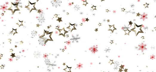 Abstract holiday background with golden stars, snowflakes, and red accents on a white backdrop. Perfect for Christmas cards, New Year celebratio