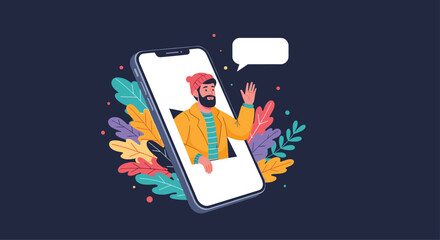 A friendly person waves hello from inside a smartphone.