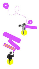 Abstract collage of two people communicating via smartphones with pink chat bubbles and yellow circles. Concept of digital communication, creativity, and online connection in modern life.