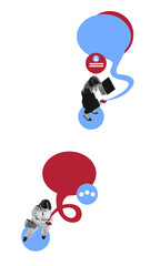 Abstract artwork of two people communicating with large red and blue speech bubbles. Concept of teamwork, creativity, and professional dialogue in digital communication.