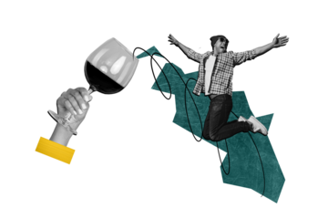 Composite photo collage of happy man jump alcohol wine party glass bar entertainment occasion relax isolated on painted background