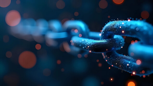 Closeup of futuristic glowing blue neon  interconnected chain links blockchain - technology, data security, connection, secure, authenticity, ethical supply chain concept