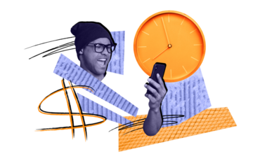 Composite photo collage of excited american businessman hold iphone device dollar sign currency watch time isolated on painted background