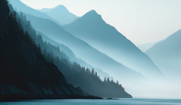 Layered, ethereal mountain range with dense evergreen forests, blue hues, mist-filled valleys