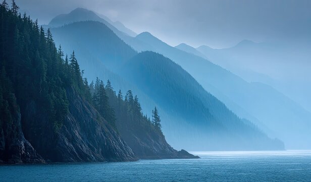 Coastal mountain range fading into the distance, shrouded in mist, with tranquil blue water