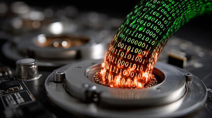 Digital data stream flowing with binary code, representing technology and innovation, showcasing futuristic design
