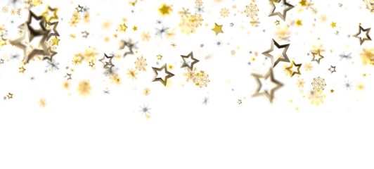 Festive golden stars and snowflake confetti against a bright white backdrop. Ideal for holiday designs, winter themes, and celebratory visuals.
