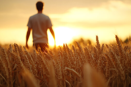 Golden Sunset over Wheat Field: A solitary figure walks through the sun-drenched field, promising a bountiful harvest. Serene and peaceful rural scene.