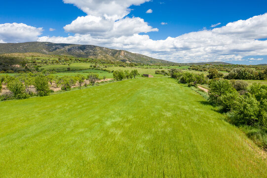 This landscape photo was taken in Europe, Spain, Aragon, Huesca, Samitier, in summer. It shows the fields and mountains around Bierge, under the Sun.