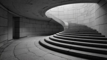 Black-and-white photograph depicts a circular staircase leading upward within a stone structure