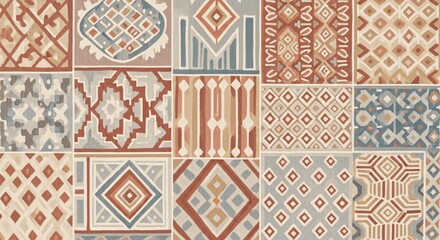 Geometric mosaic pattern featuring abstract shapes in earthy tones and blue hues