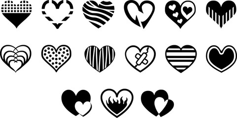 Fototapeta premium Black Heart Pattern Sheet – Decorative Vector Icons, Love Symbols, and Romantic Background Design