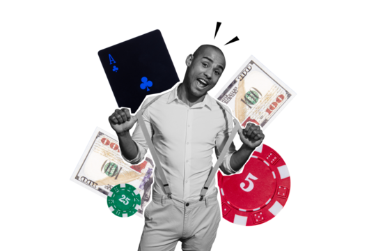 Composite photo collage of happy american guy casino addicted winner dollar victory prize cards poker isolated on painted background