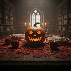 Zucca decorativa su tavolo con dolci in un ambiente medioevale.