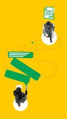 Graphic composition of two people chatting about documents with green speech bubbles on yellow background. Concept of workflow communication, teamwork, and business coordination.
