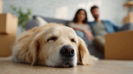 Golden retriever dog resting on the living room floor with its eyes closed, happy young couple relaxing on the couch in the blurred background surrounded by many cardboard moving boxes