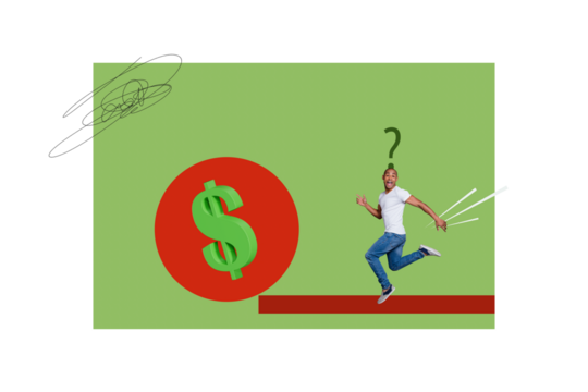 Composite photo collage of happy american man run coin dollar income question mark ponder usd capital profit isolated on painted background