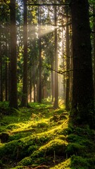 Obraz premium Dense woodland with sunbeams, mossy ground, and tall trees