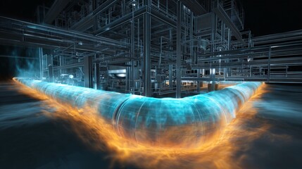 Dynamic industrial pipeline glowing with energy, representing powerful energy flow and modern infrastructure in a futuristic factory setting.