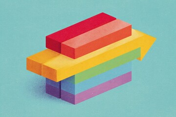 Obraz premium Isometric rendering of stacked colorful rectangular prisms resembling an upward-pointing arrow