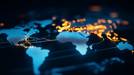 Digital world map with glowing connections, representing global communication and technology